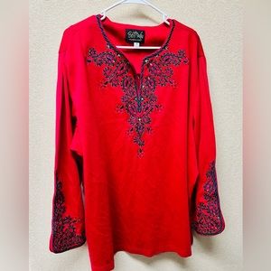 Vintage Red Bell Sleeve Embroidered Top by Bob Mackie 
Size 3x